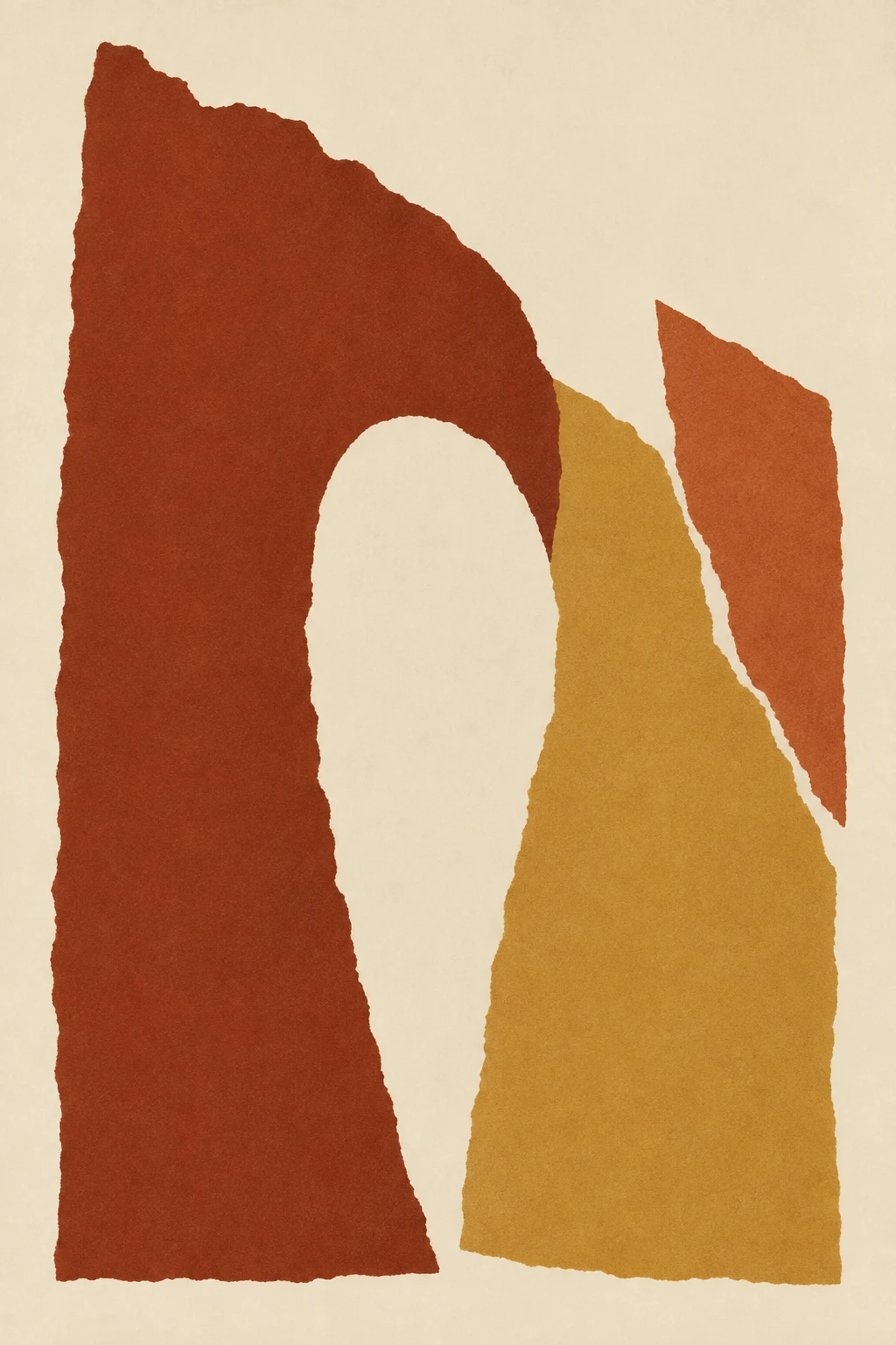 One arch cut from a solid field in cream, rust, ochre; portrait artwork.