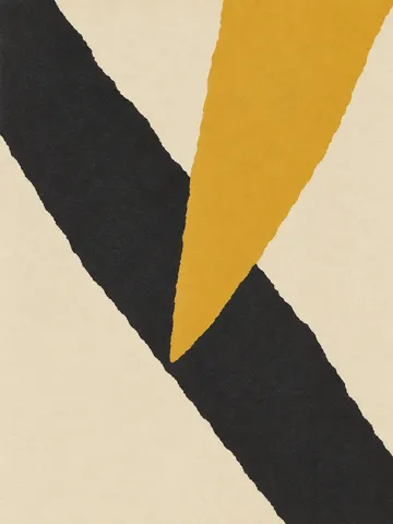 A wedge driven into a band in cream, black, sand; portrait artwork.