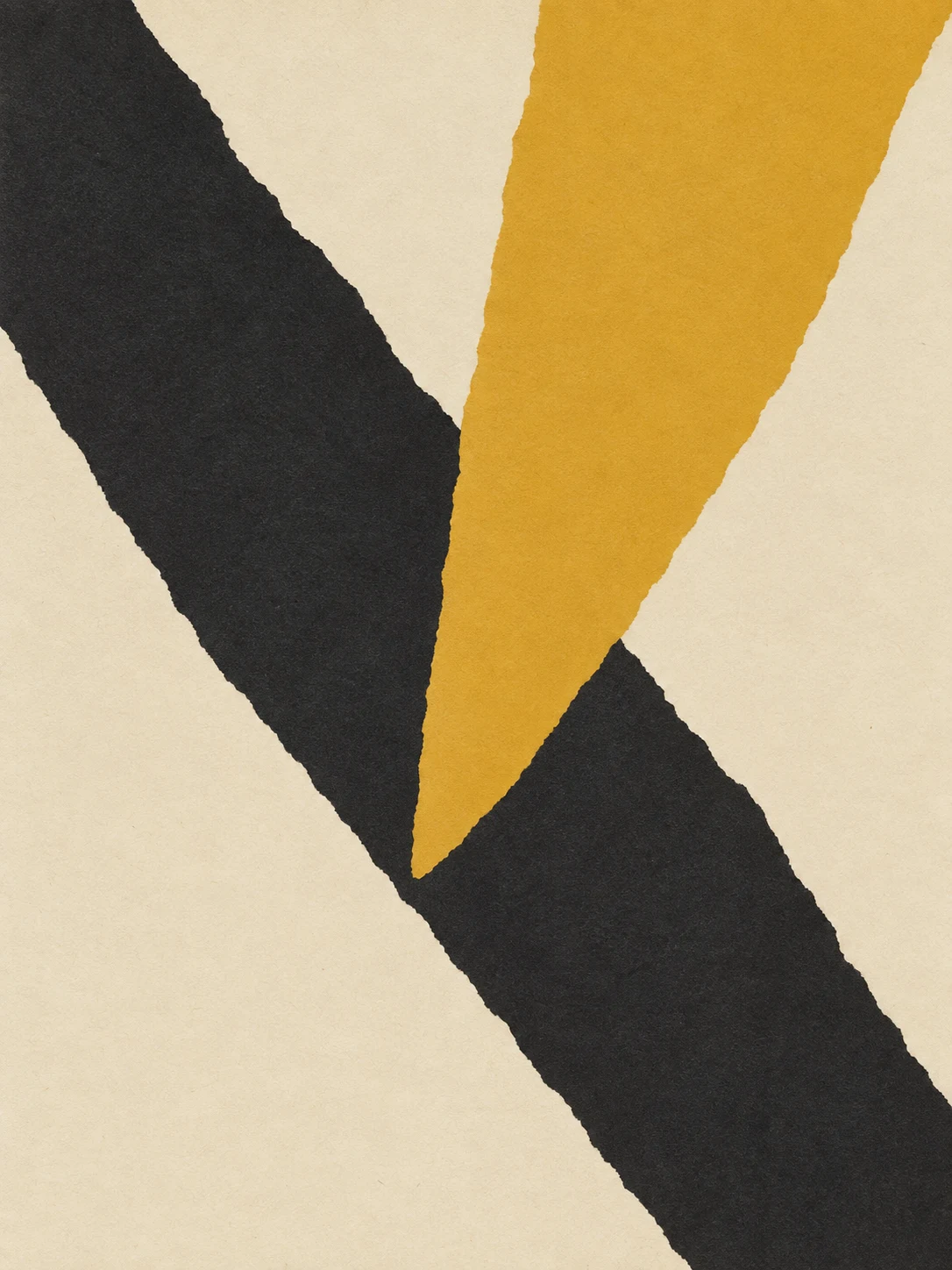 A wedge driven into a band in cream, black, sand; portrait artwork.