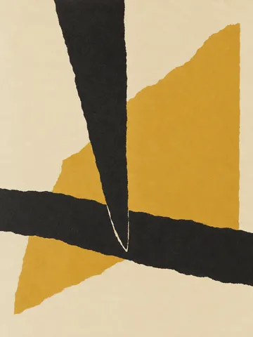 A wedge driven into a band in cream, ochre, black; portrait artwork.