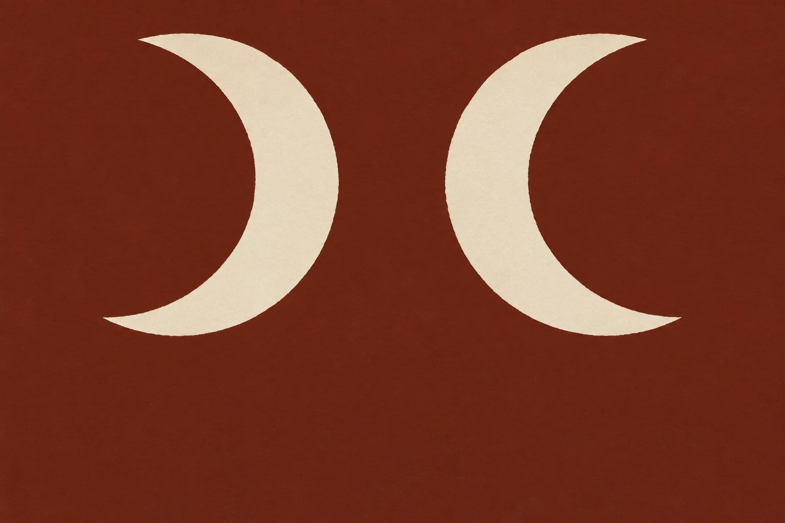 Two crescents turned away from each other in burgundy, stone; landscape artwork.
