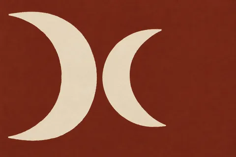 Two crescents turned away from each other in rust, cream, burgundy; landscape artwork.