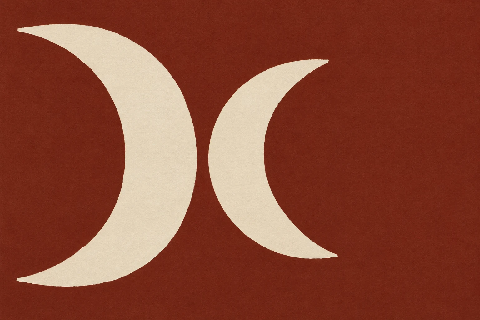 Two crescents turned away from each other in rust, cream, burgundy; landscape artwork.