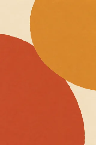 Two overlapping arcs in terracotta, orange, cream; portrait artwork.