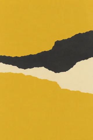 A broken horizontal band in yellow, charcoal, cream; portrait artwork.