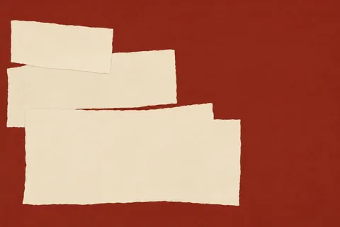 A stack of four uneven rectangles in rust, cream; landscape artwork.
