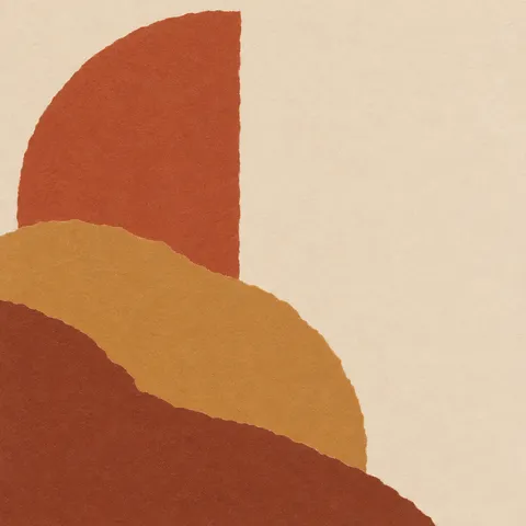 One circle cut by a straight edge in cream, rust, ochre, terracotta; square artwork.