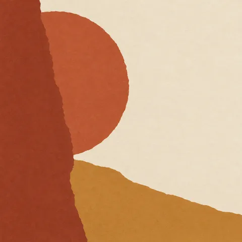 One circle cut by a straight edge in cream, rust, ochre, terracotta; square artwork.