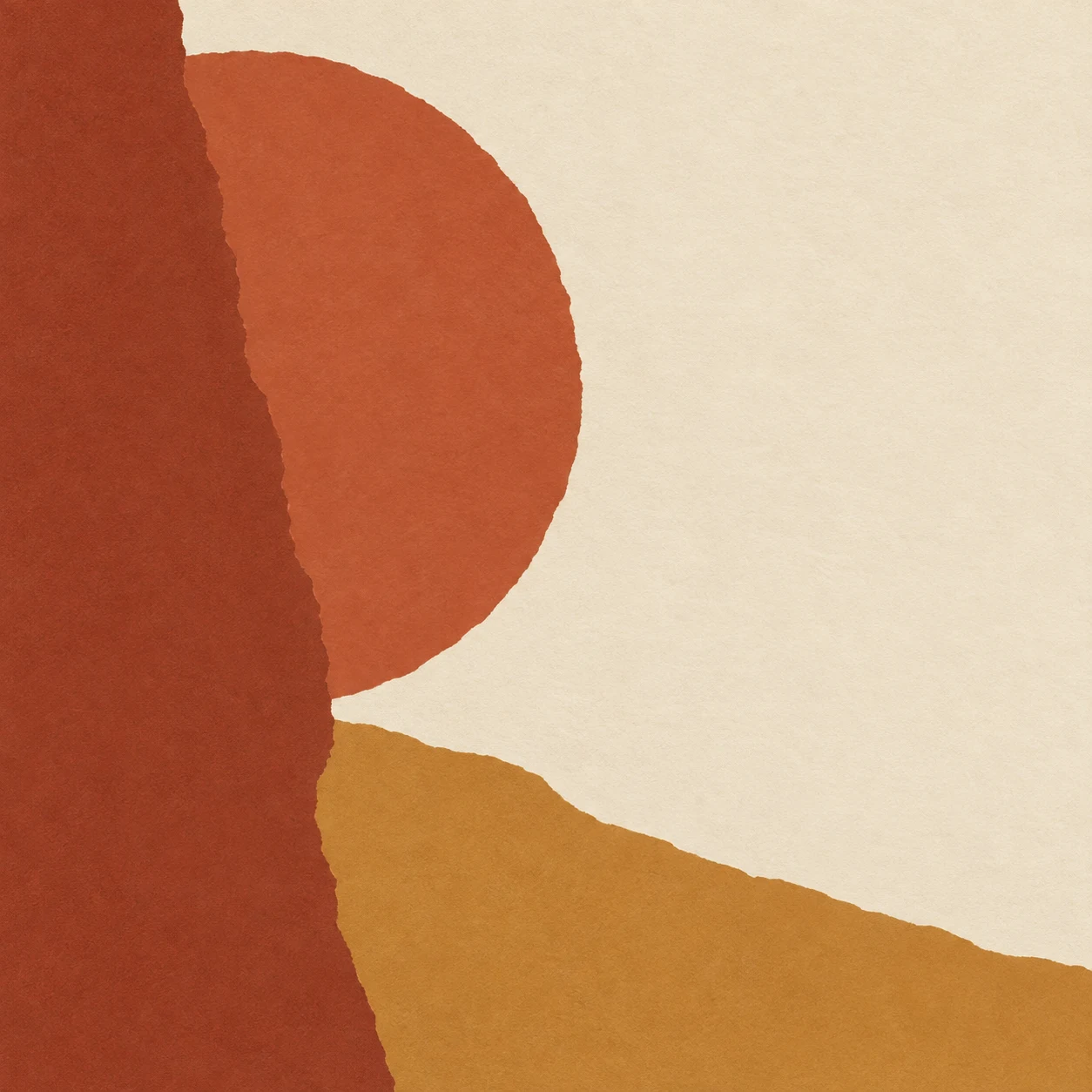 One circle cut by a straight edge in cream, rust, ochre, terracotta; square artwork.