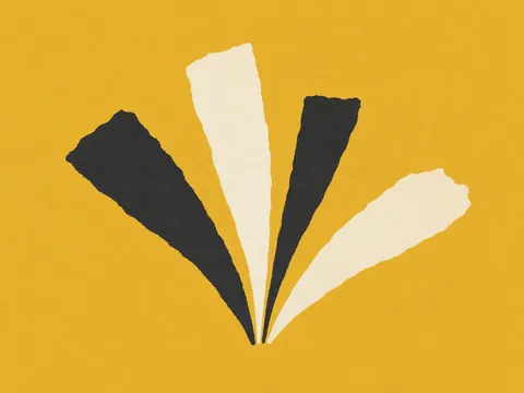 A fan of tapering strokes in yellow, cream, olive; landscape artwork.