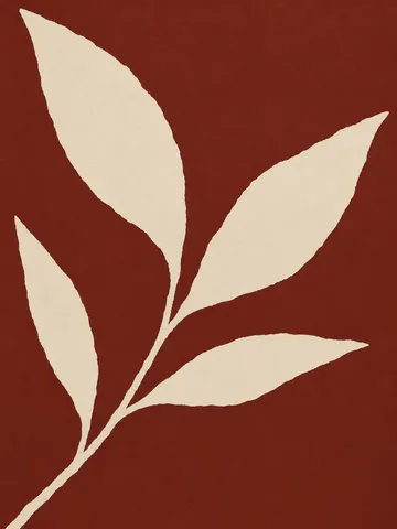 A shape and its shadow offset in burgundy, cream, sand; portrait artwork.