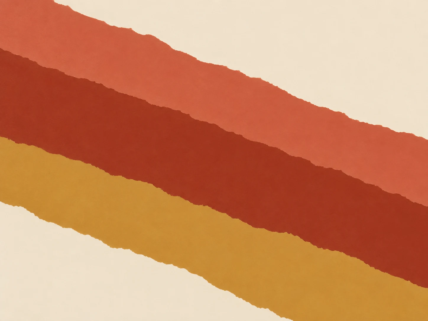 Three torn strips falling in cream, red, ochre, terracotta; landscape artwork.