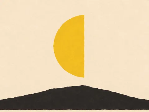 A half-moon against a ground in cream, charcoal, yellow; landscape artwork.