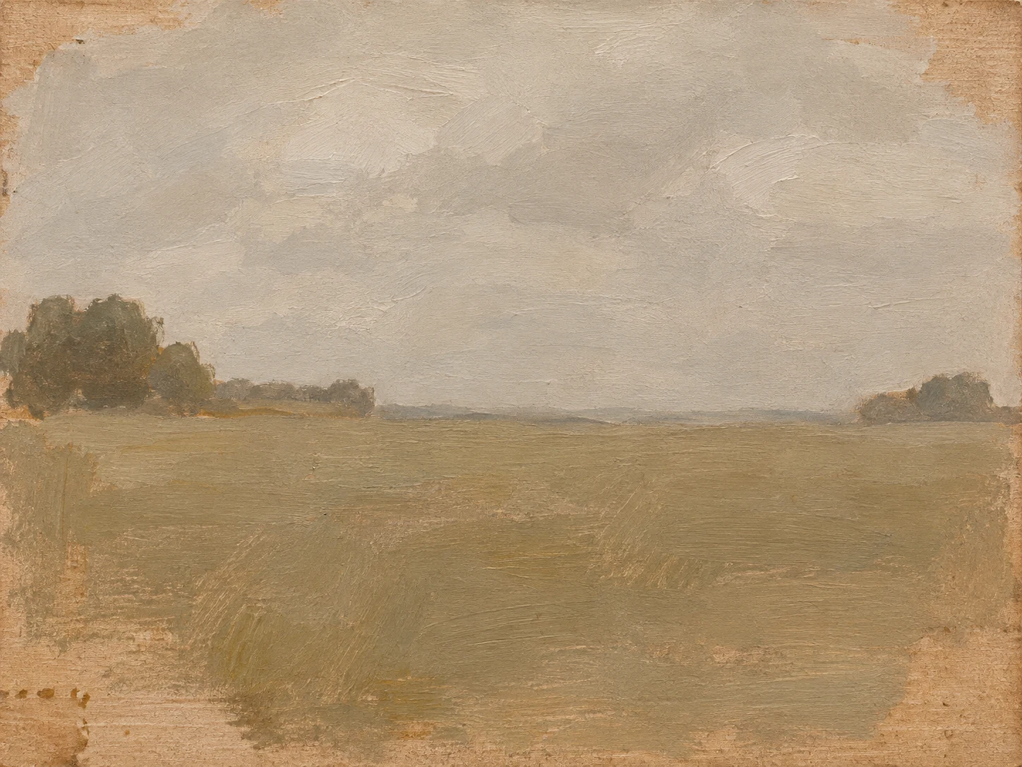 A corner of a field in ten strokes in taupe, stone, sand, ochre; landscape artwork.