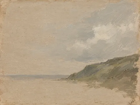 A hill and a cloud in sand, taupe, stone; landscape artwork.