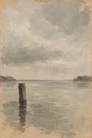 A stretch of water and one post in sand, stone, gray, taupe; portrait artwork.