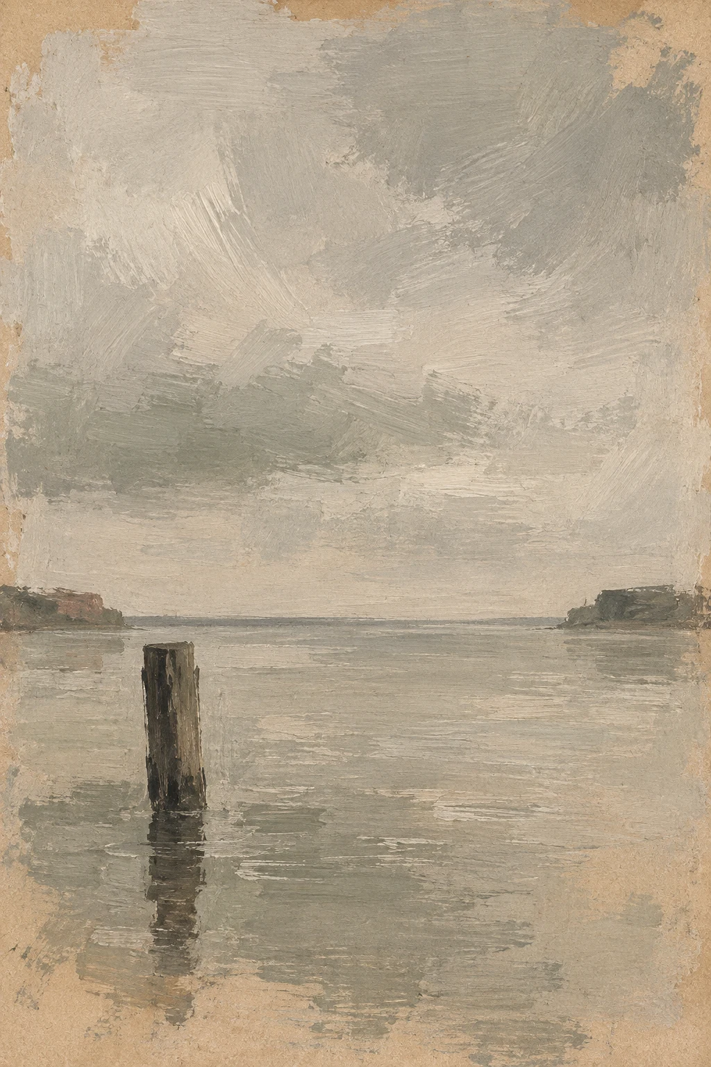 A stretch of water and one post in sand, stone, gray, taupe; portrait artwork.