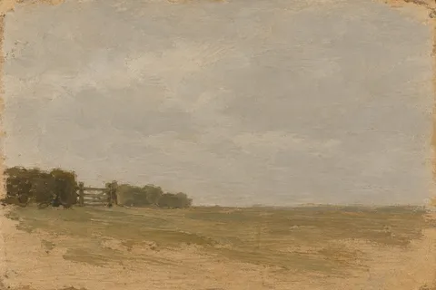 A hedge and a gate in sand, ochre, olive; landscape artwork.