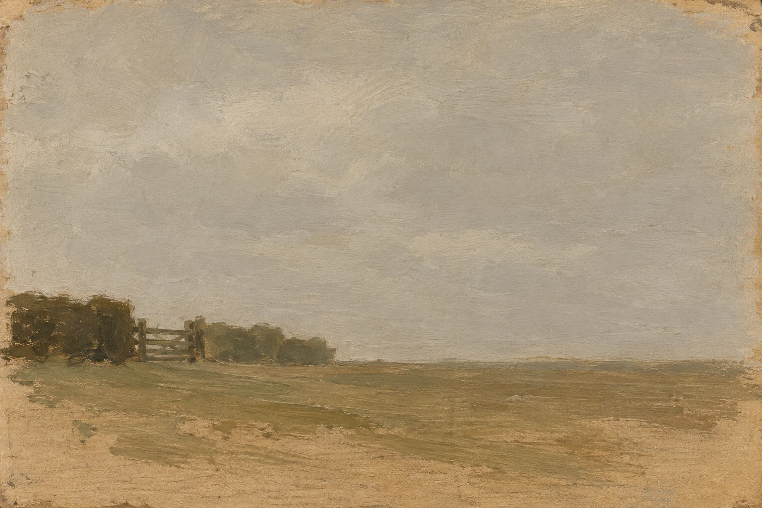 A hedge and a gate in sand, ochre, olive; landscape artwork.