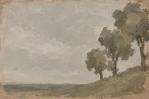 Three trees on a slope in sand, taupe, stone, olive; landscape artwork.