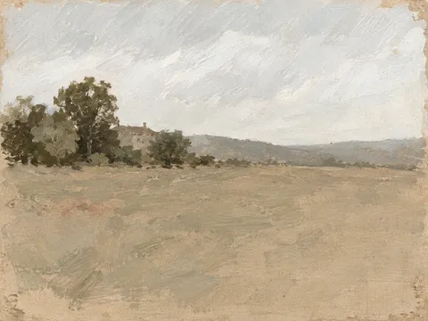 A distant roofline in cream, sand, sage, olive; landscape artwork.