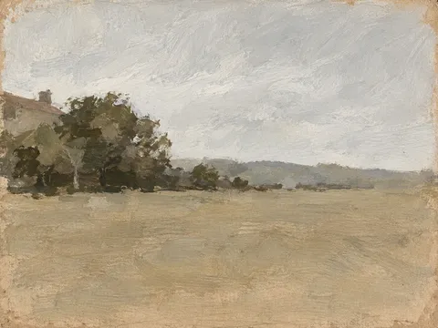 A distant roofline in sand, stone, sage, cream; landscape artwork.