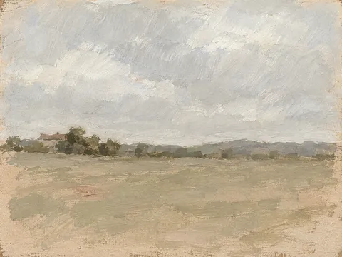 A distant roofline in stone, sand, cream, sage; landscape artwork.