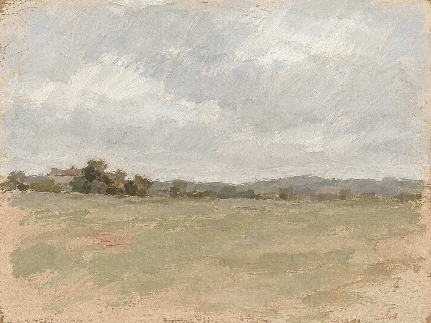 A distant roofline in stone, sand, cream, sage; landscape artwork.