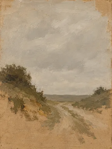 A track between two banks in sand, ochre, stone, taupe; portrait artwork.