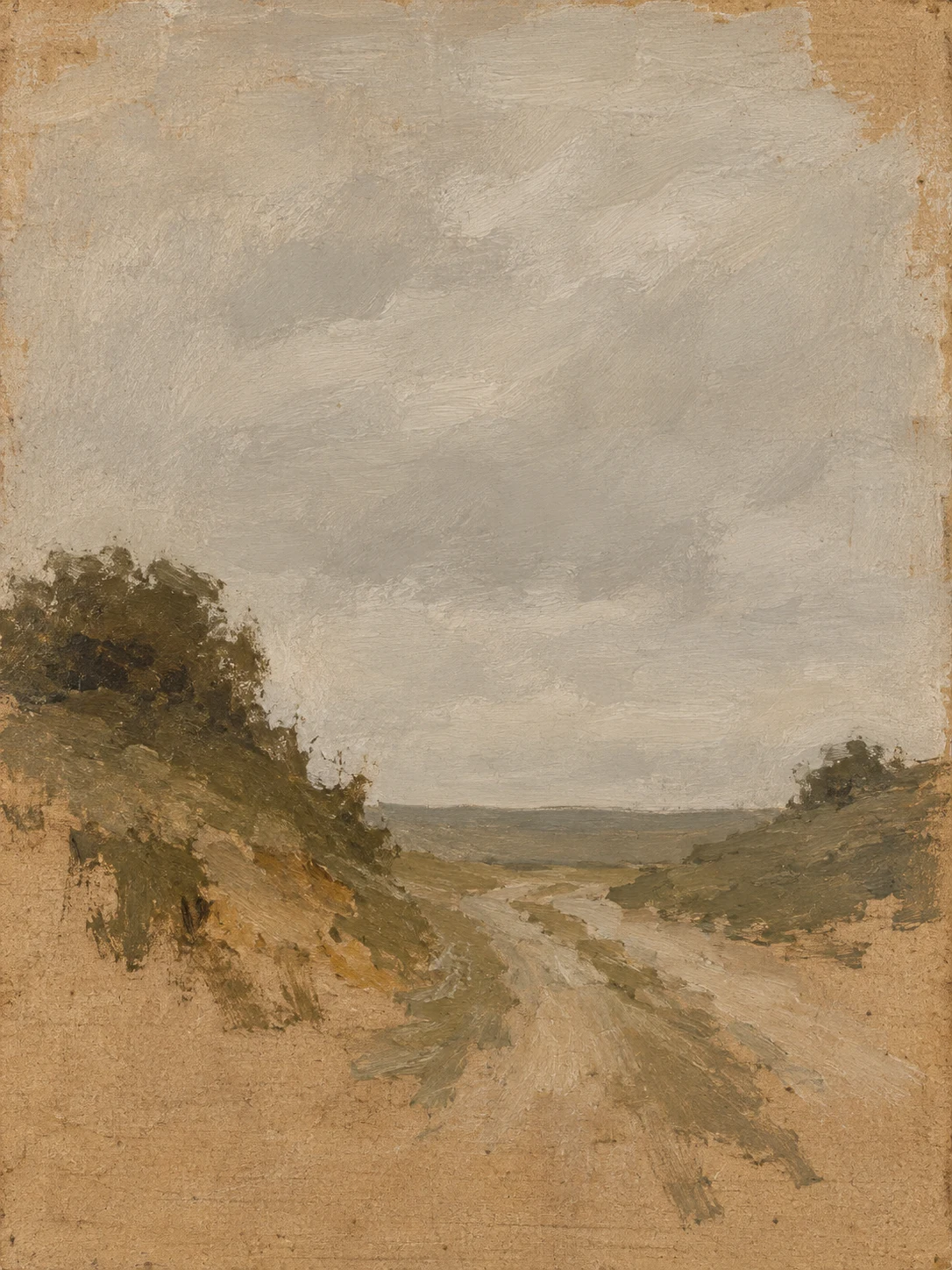 A track between two banks in sand, ochre, stone, taupe; portrait artwork.