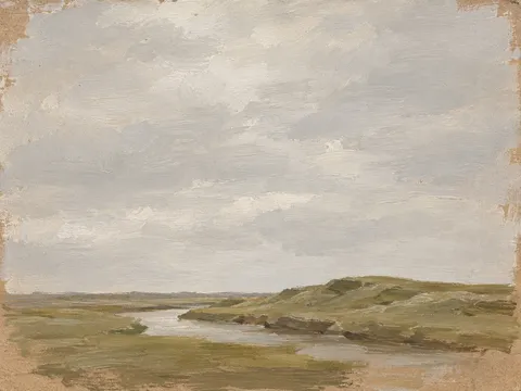 A bend of a stream in stone, sage, taupe, cream; landscape artwork.