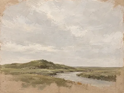 A bend of a stream in cream, stone, sage, taupe; landscape artwork.