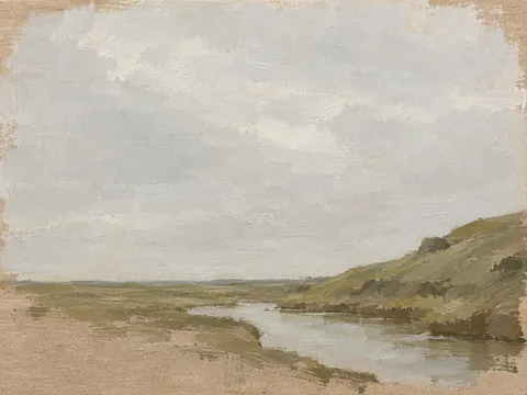 A bend of a stream in stone, sand, cream, taupe; landscape artwork.