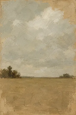 One cloud over a flat line in sand, taupe, stone, ochre; portrait artwork.