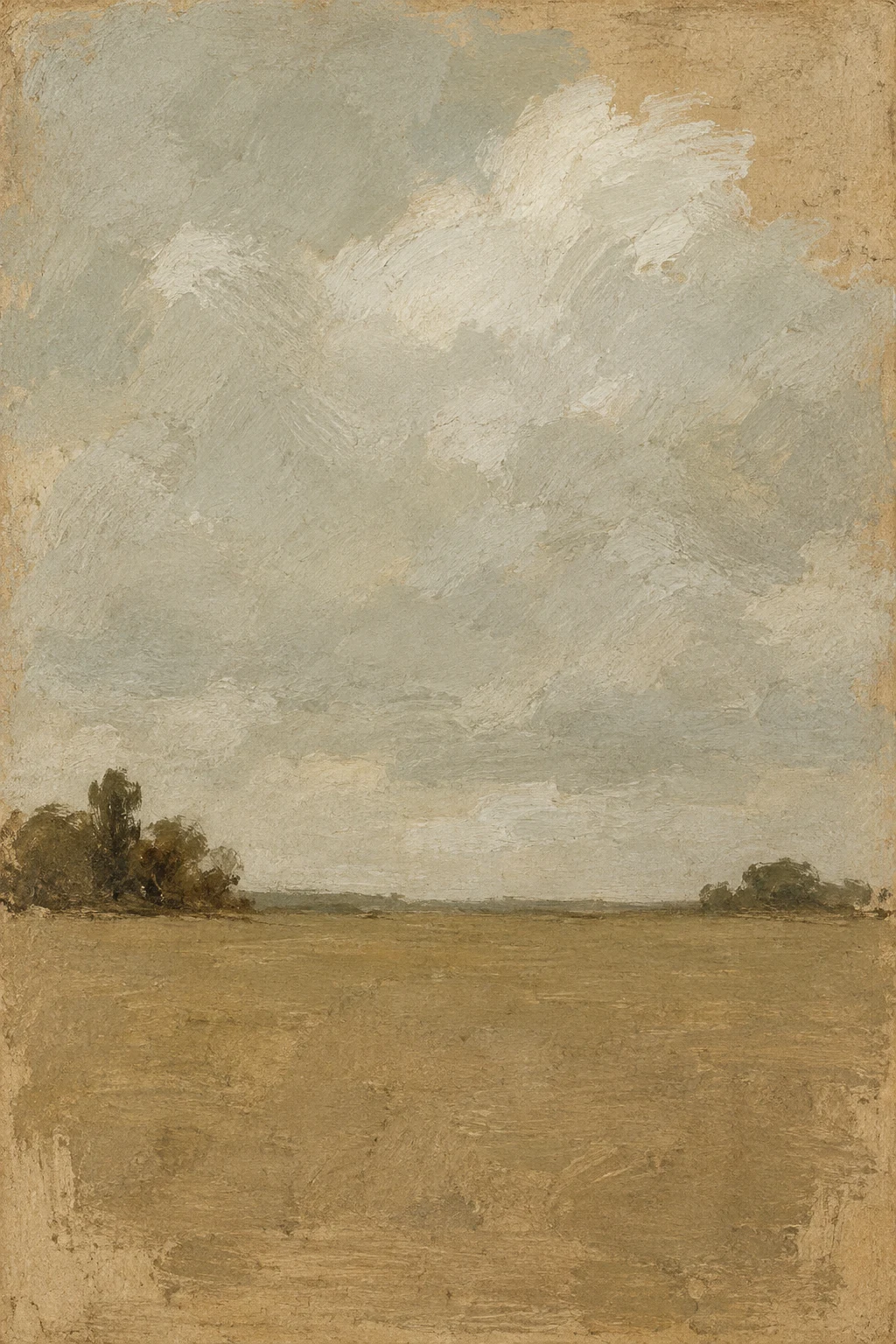 One cloud over a flat line in sand, taupe, stone, ochre; portrait artwork.