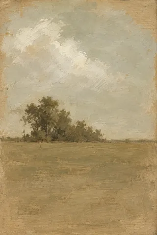 One cloud over a flat line in sand, stone, taupe, ochre; portrait artwork.