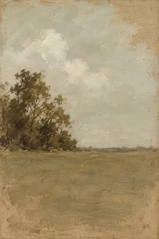 One cloud over a flat line in stone, taupe, sage, sand; portrait artwork.