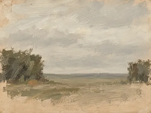 A gap in a hedge in stone, sand, sage, cream; landscape artwork.