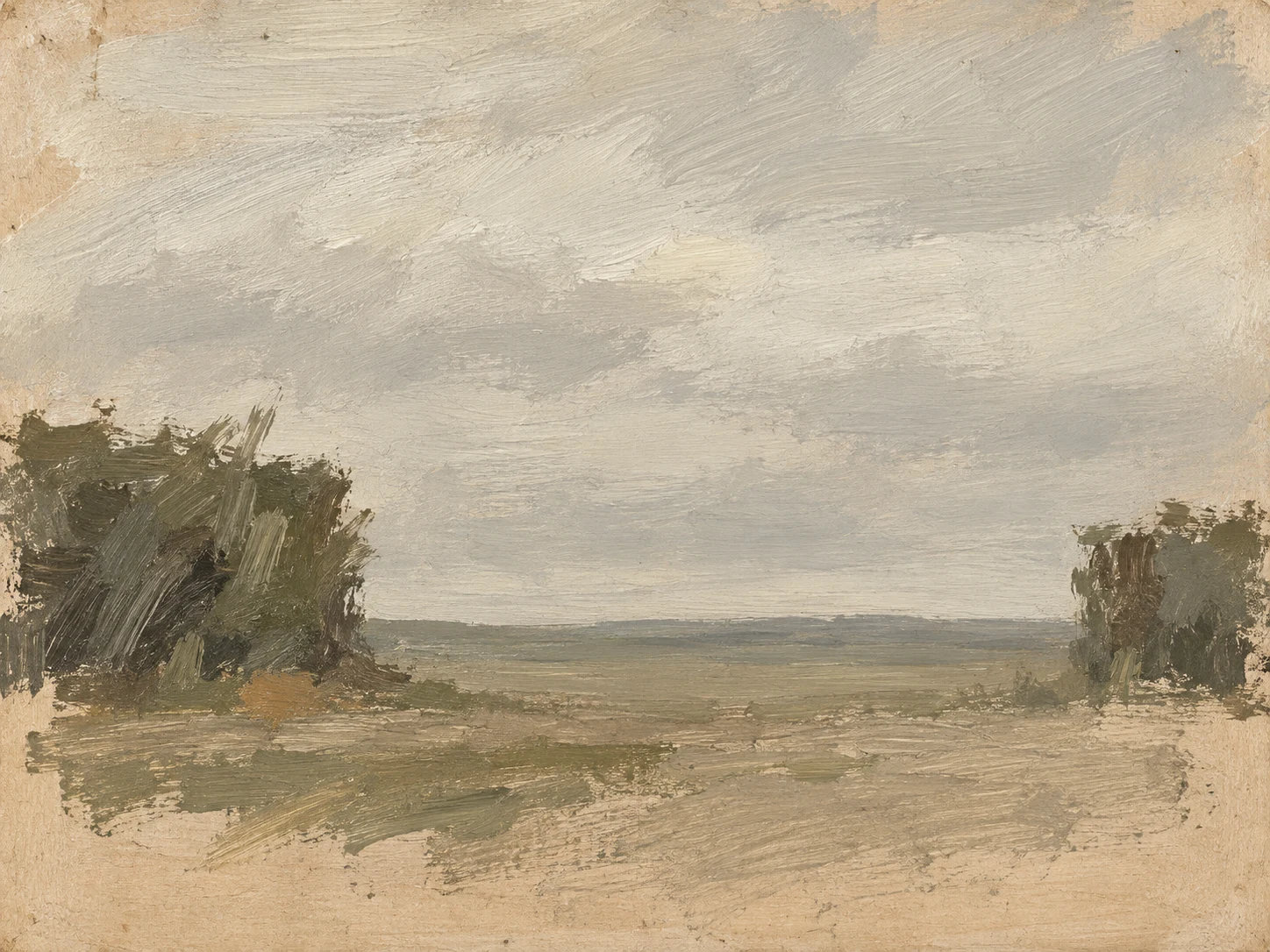 A gap in a hedge in stone, sand, sage, cream; landscape artwork.