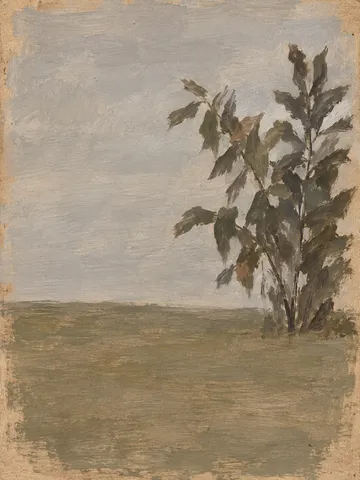 The edge of a wood in taupe, sand, stone, olive; portrait artwork.