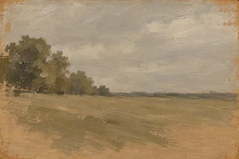 A corner of a field in ten strokes in sand, taupe, ochre, olive; landscape artwork.