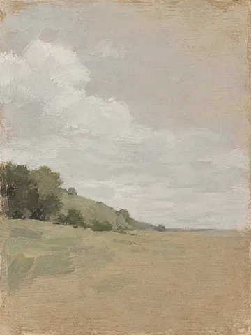 A hill and a cloud in stone, sand, sage, taupe; portrait artwork.