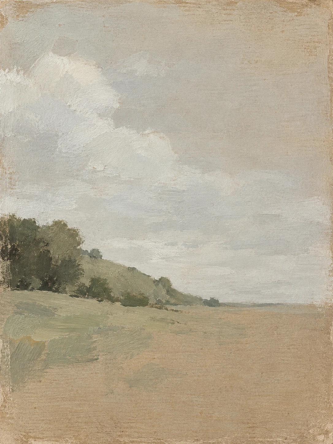 A hill and a cloud in stone, sand, sage, taupe; portrait artwork.