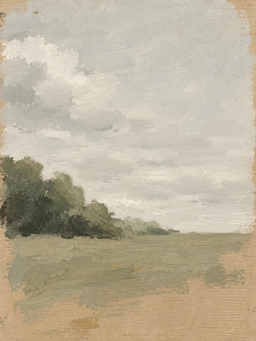 A hill and a cloud in stone, cream, sage, sand; portrait artwork.