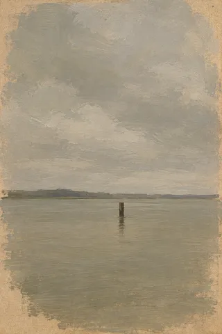 A stretch of water and one post in sand, taupe, sage, gray; portrait artwork.
