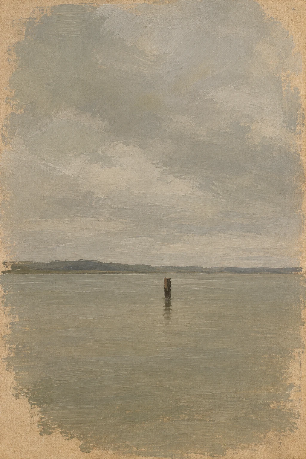 A stretch of water and one post in sand, taupe, sage, gray; portrait artwork.