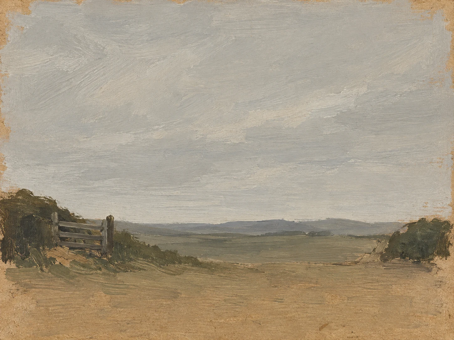 A hedge and a gate in stone, sage, taupe, olive; landscape artwork.