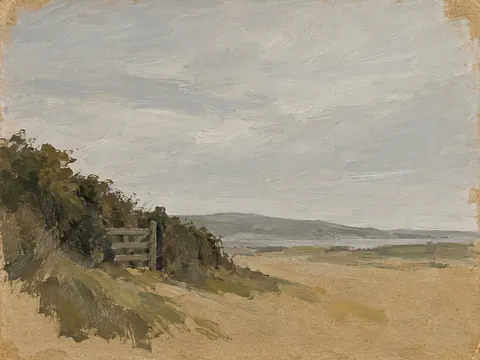 A hedge and a gate in stone, sand, brown, taupe; landscape artwork.