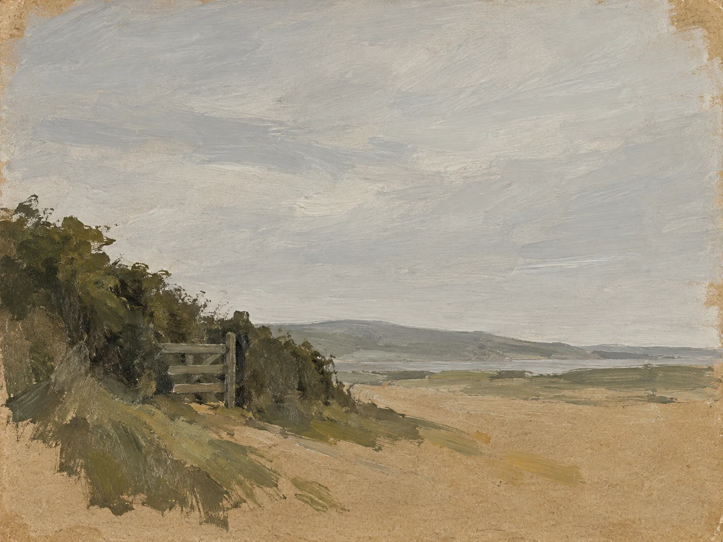A hedge and a gate in stone, sand, brown, taupe; landscape artwork.