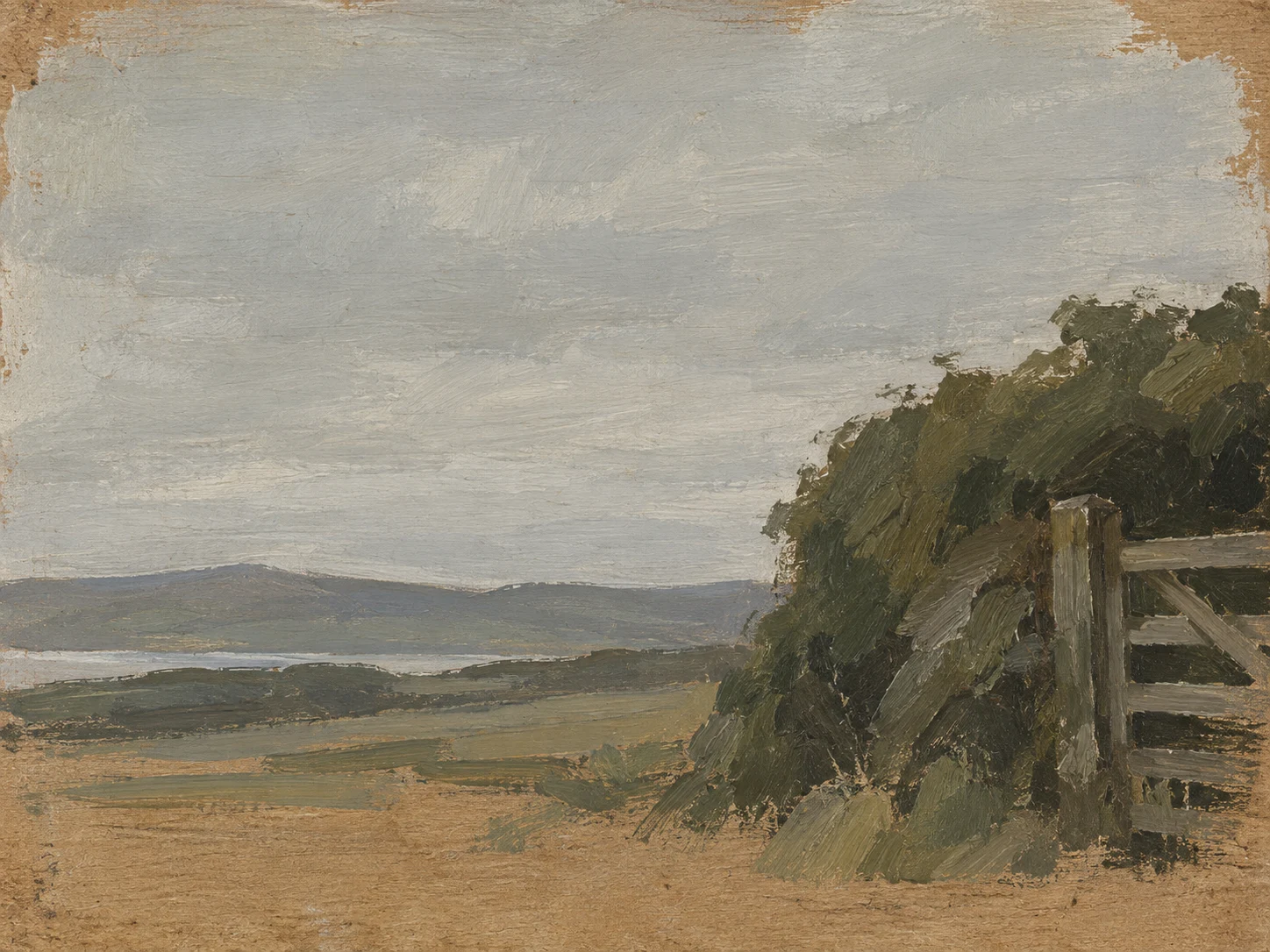 A hedge and a gate in stone, taupe, olive, charcoal; landscape artwork.